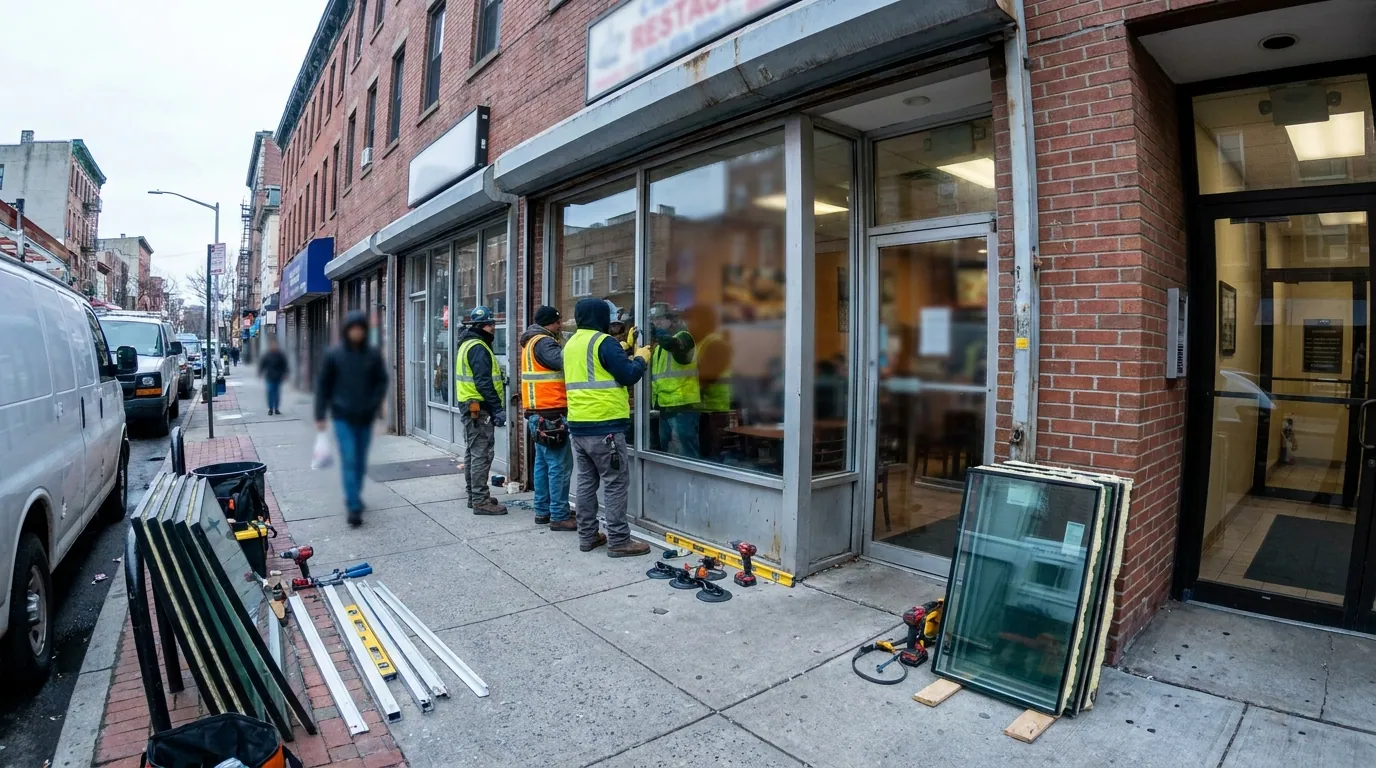 Commercial door crew working on a Jersey City storefront