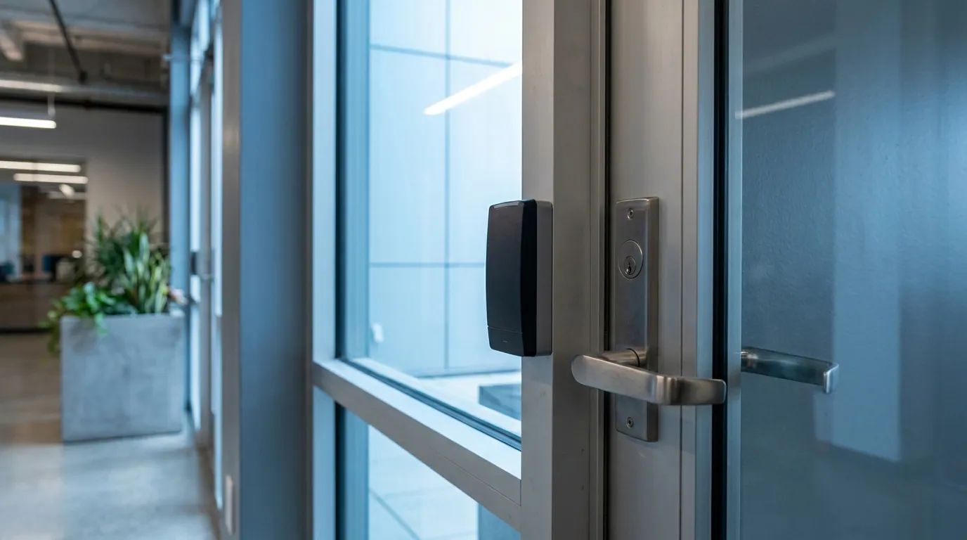 Card reader and commercial lock hardware on an office door
