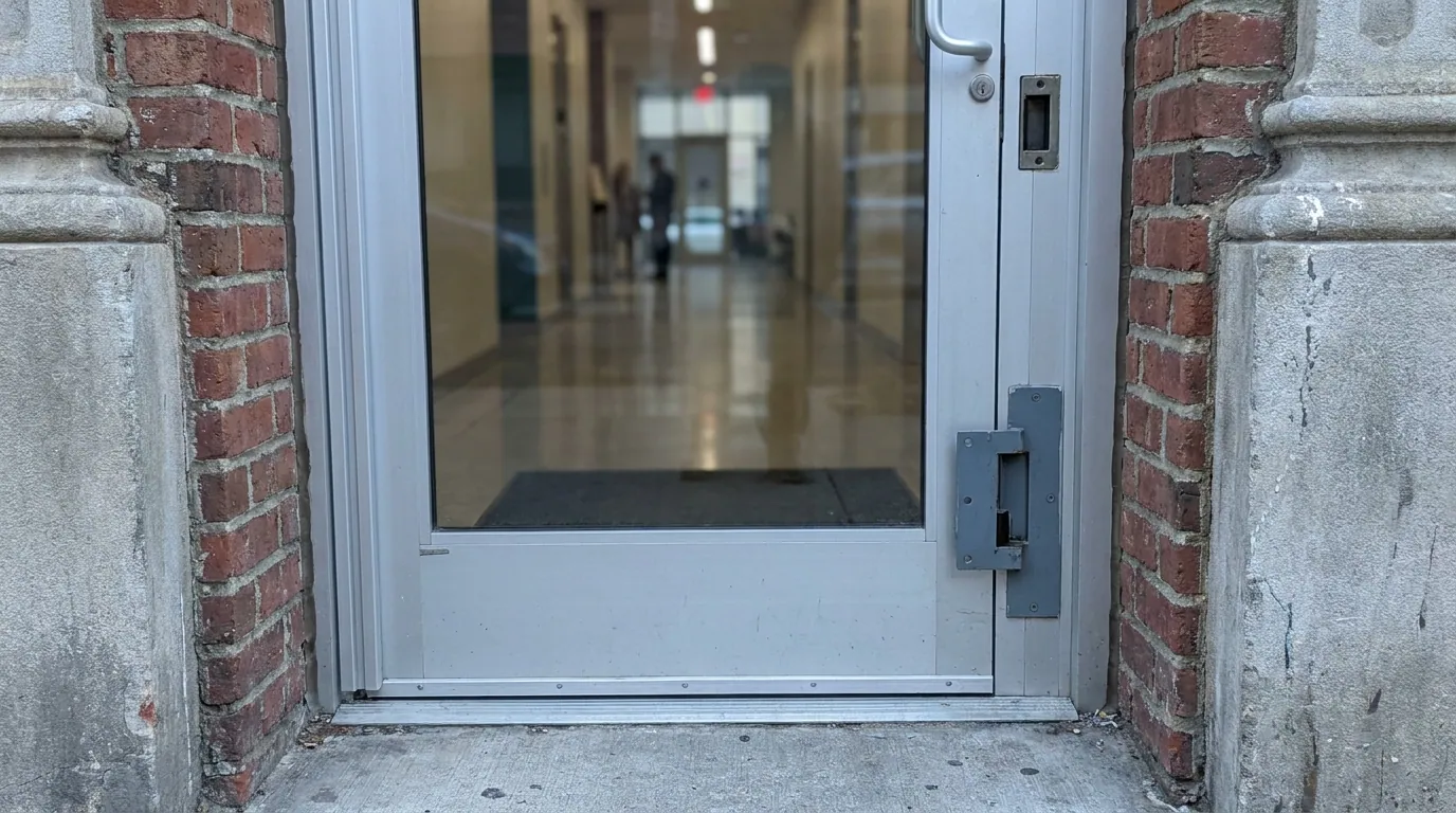 Electric strike installed in a commercial door frame