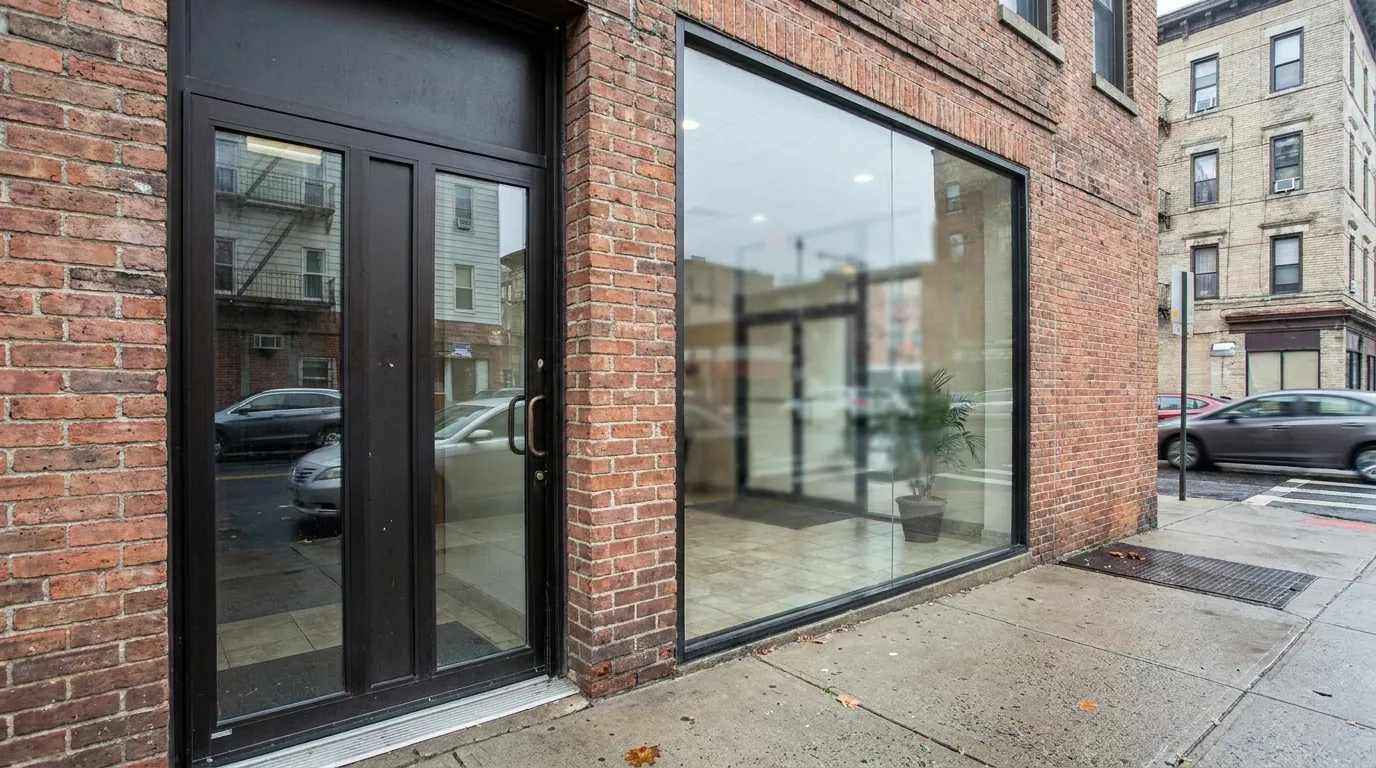 Aluminum storefront door beside a full-glass commercial entrance