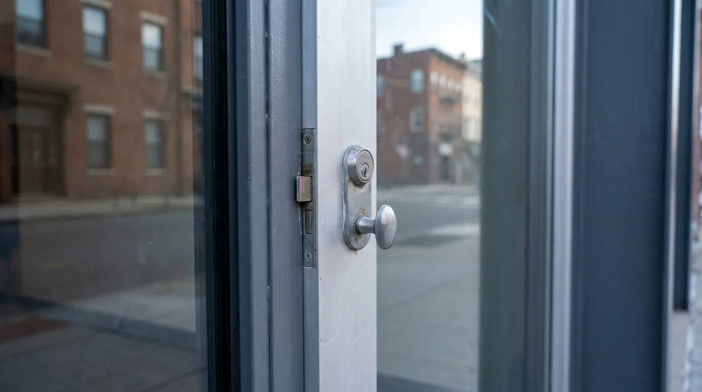 Detail of an aluminum stile, glass lite, and commercial lock