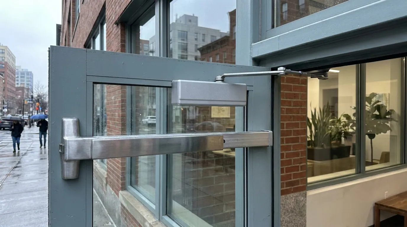 Commercial door closer and push bar on a Jersey City storefront