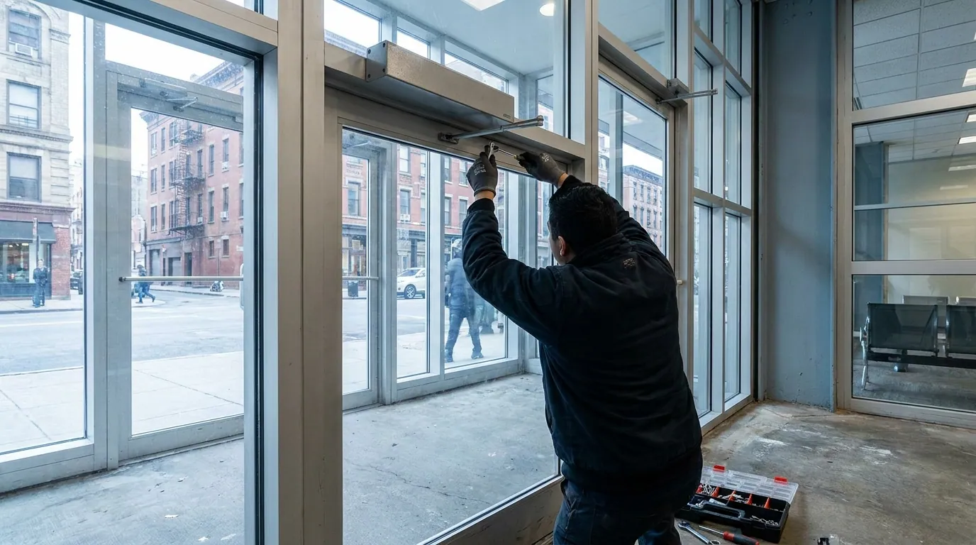 Technician adjusting a surface closer on an aluminum door