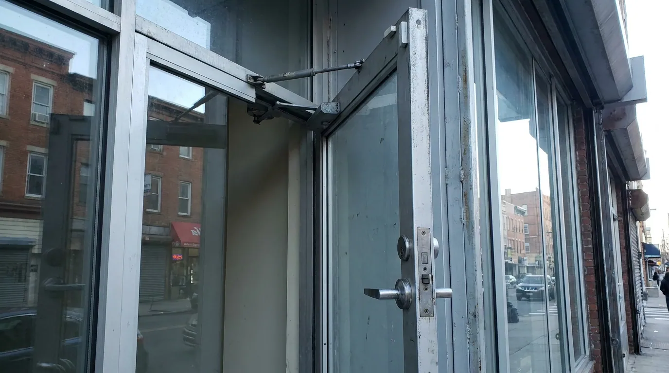Hollow metal frame, closer, and commercial lockset detail