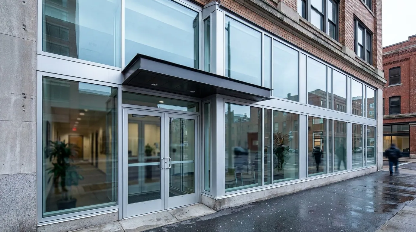 Aluminum and glass storefront entrance on a downtown Jersey City sidewalk