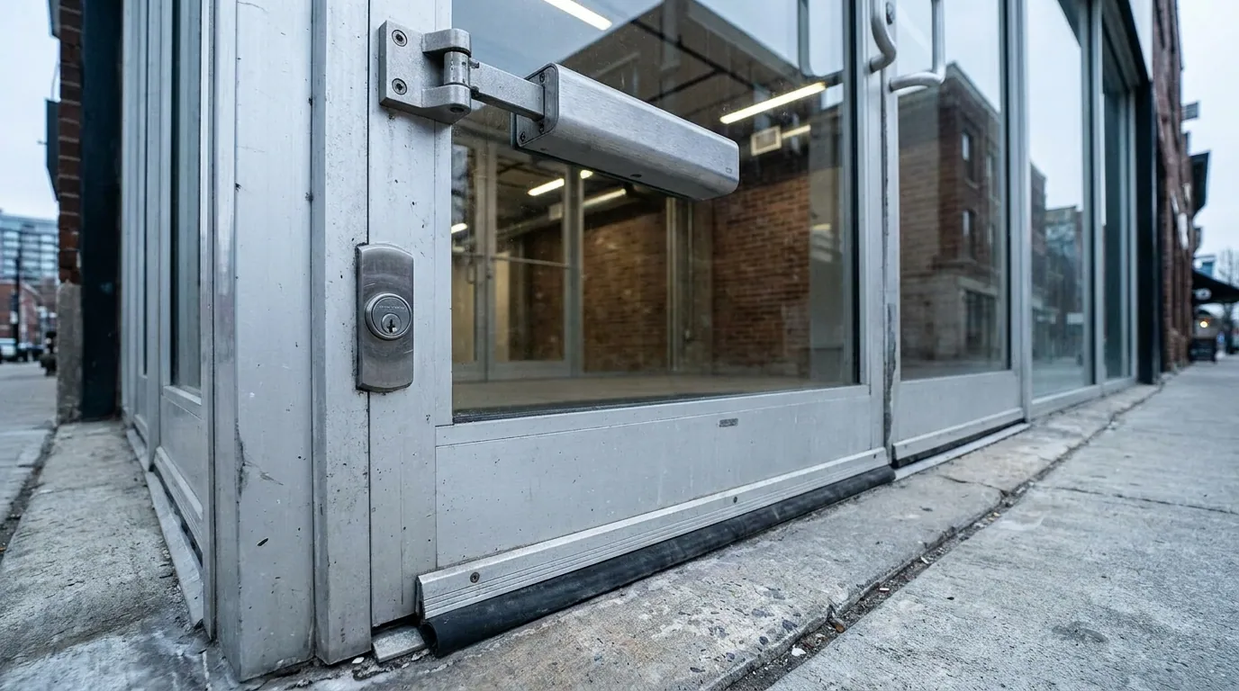 Close view of a storefront closer, lock, and weather seal