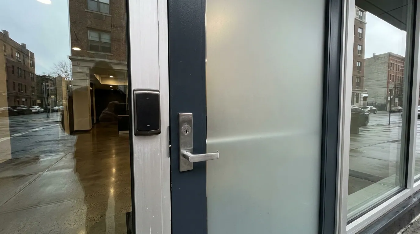 Access control card reader beside a commercial door lock — Meadowlands Commercial Door Solutions, Jersey City, Hudson County & the Meadowlands, NJ from Meadowlands Commercial Door Solutions