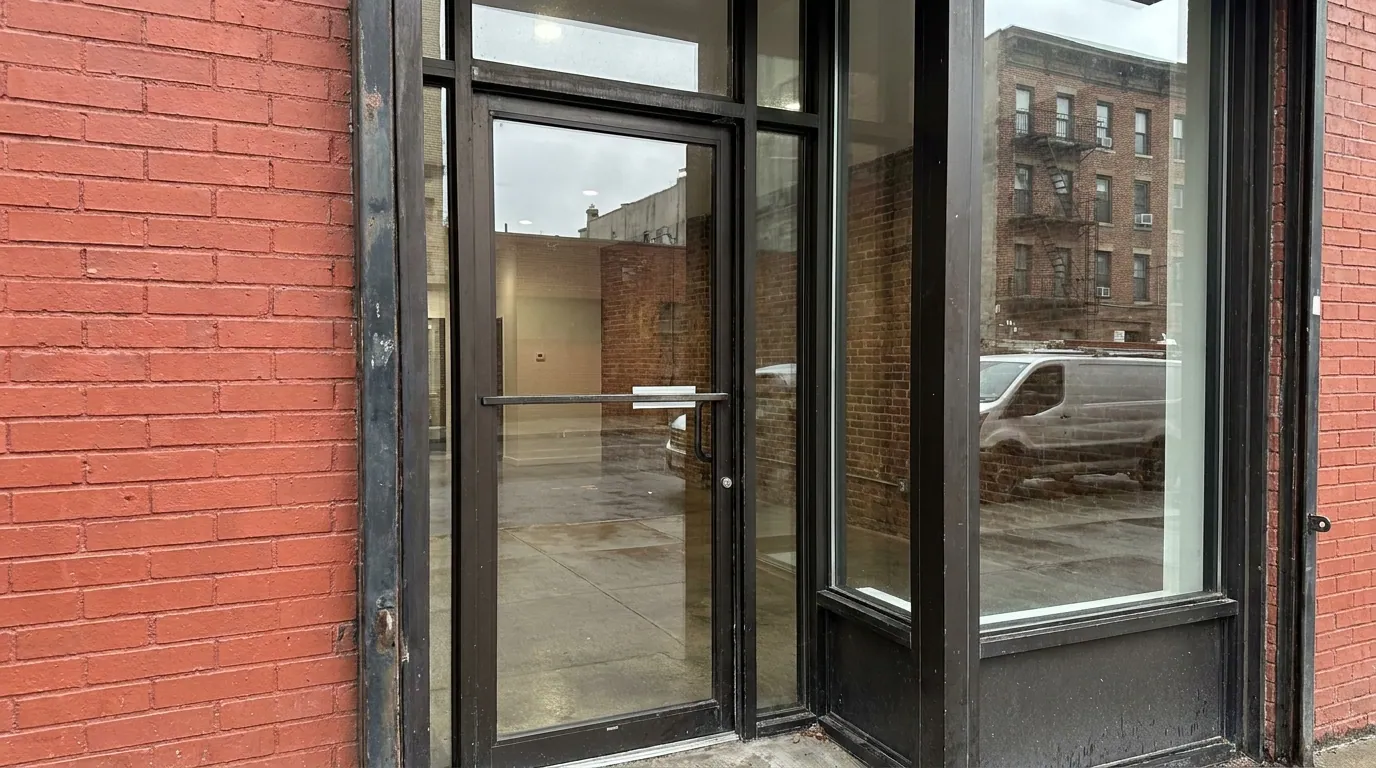 Narrow-stile aluminum commercial door on a Jersey City shop — Meadowlands Commercial Door Solutions, Jersey City, Hudson County & the Meadowlands, NJ from Meadowlands Commercial Door Solutions