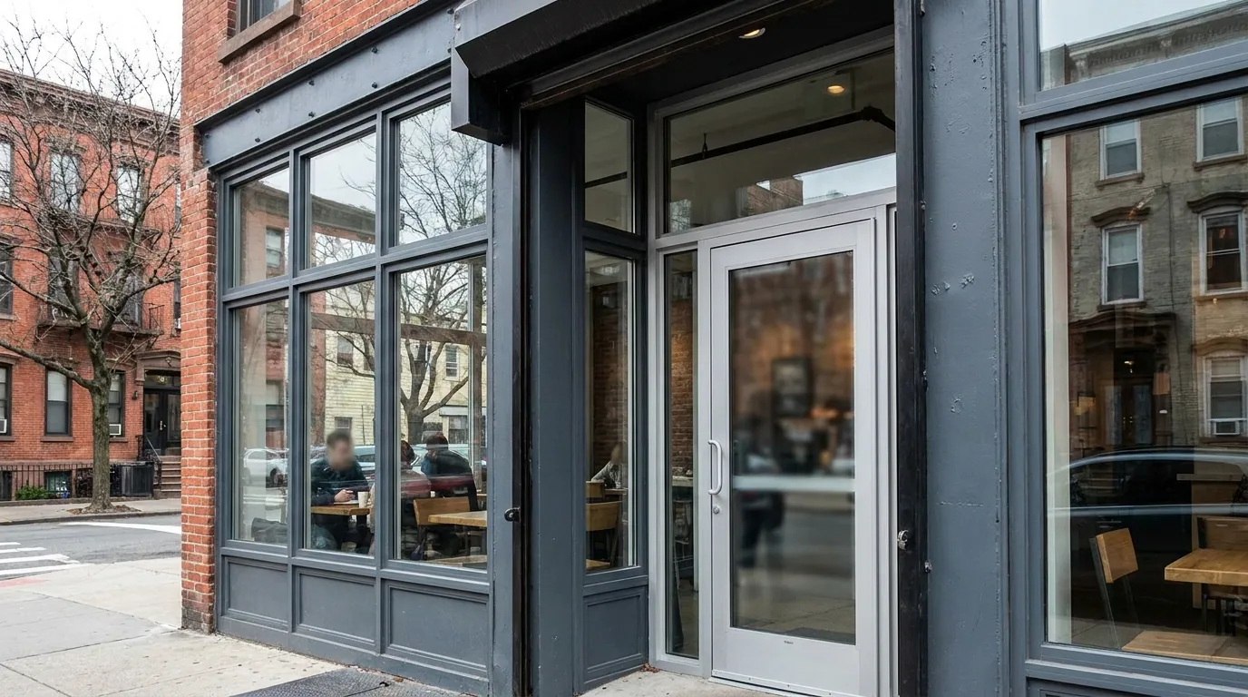Cafe storefront aluminum and glass door in Jersey City — Meadowlands Commercial Door Solutions, Jersey City, Hudson County & the Meadowlands, NJ from Meadowlands Commercial Door Solutions