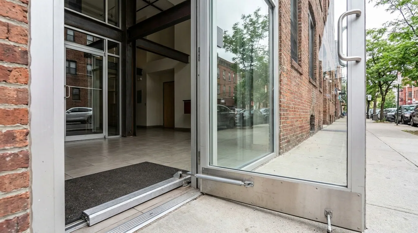 Floor closer and threshold on a glass commercial entrance — Meadowlands Commercial Door Solutions, Jersey City, Hudson County & the Meadowlands, NJ from Meadowlands Commercial Door Solutions