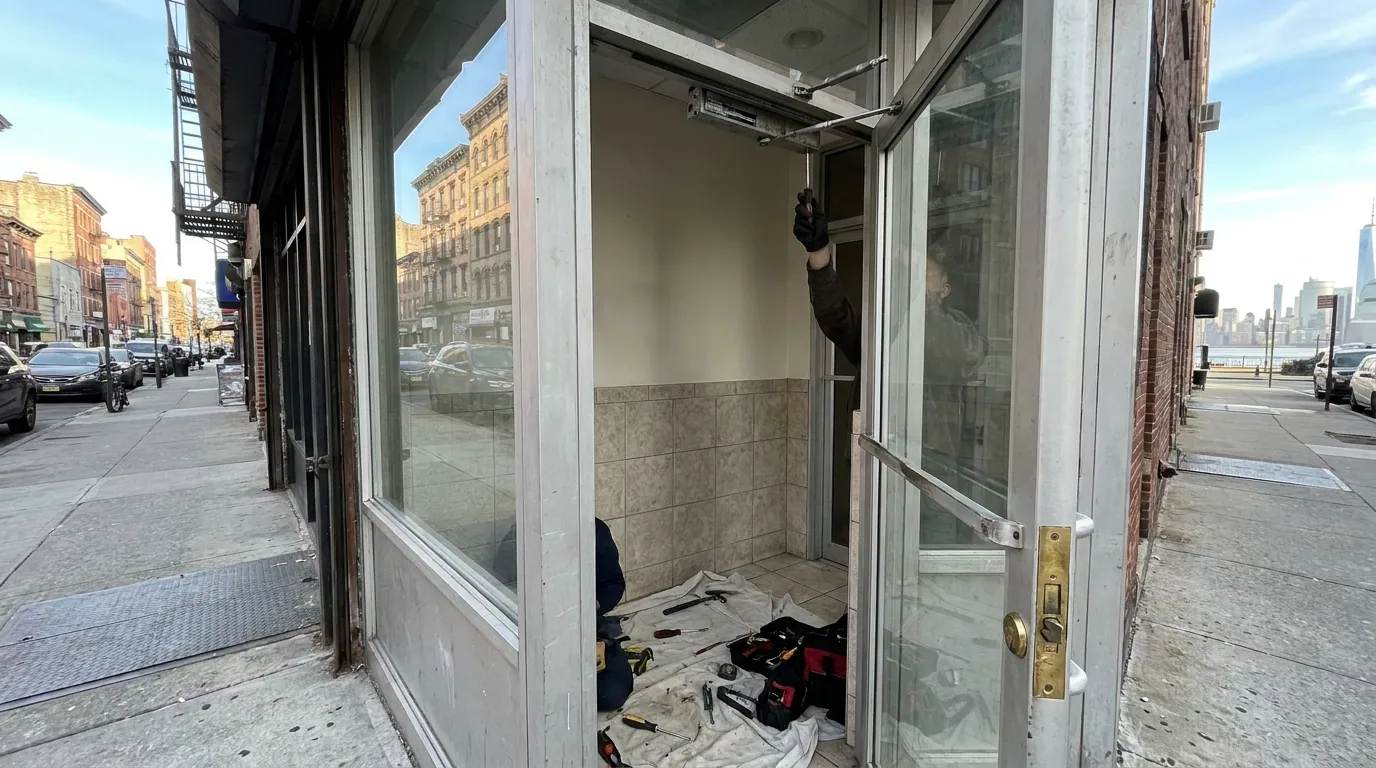 Commercial door hardware repair on a storefront closer and lock — Meadowlands Commercial Door Solutions, Jersey City, Hudson County & the Meadowlands, NJ from Meadowlands Commercial Door Solutions