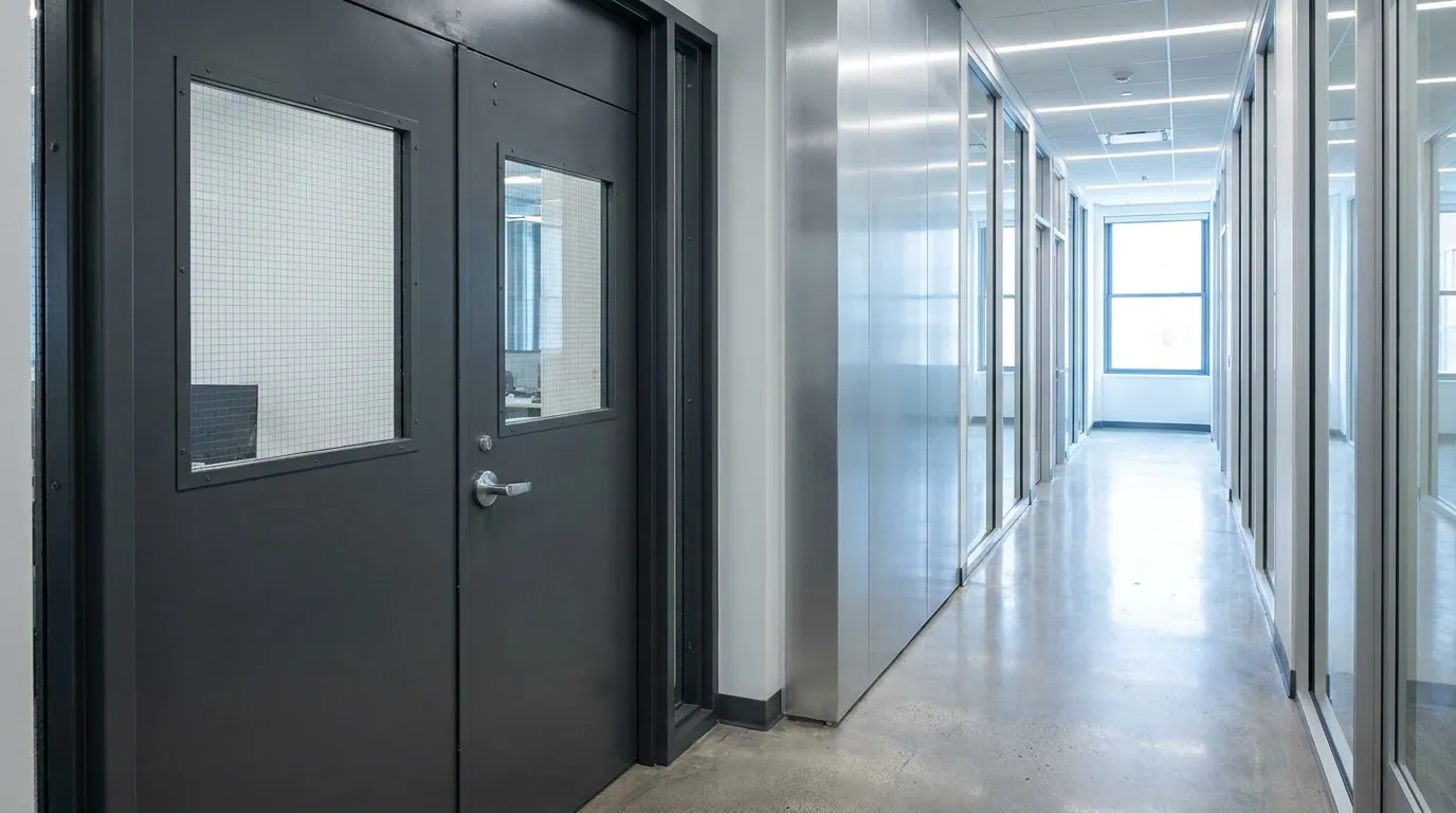 Hollow metal door with vision lite in a commercial corridor — Meadowlands Commercial Door Solutions, Jersey City, Hudson County & the Meadowlands, NJ from Meadowlands Commercial Door Solutions