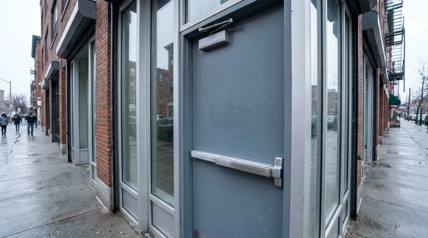 Commercial panic hardware and closer on a painted steel exit door — Meadowlands Commercial Door Solutions, Jersey City, Hudson County & the Meadowlands, NJ from Meadowlands Commercial Door Solutions