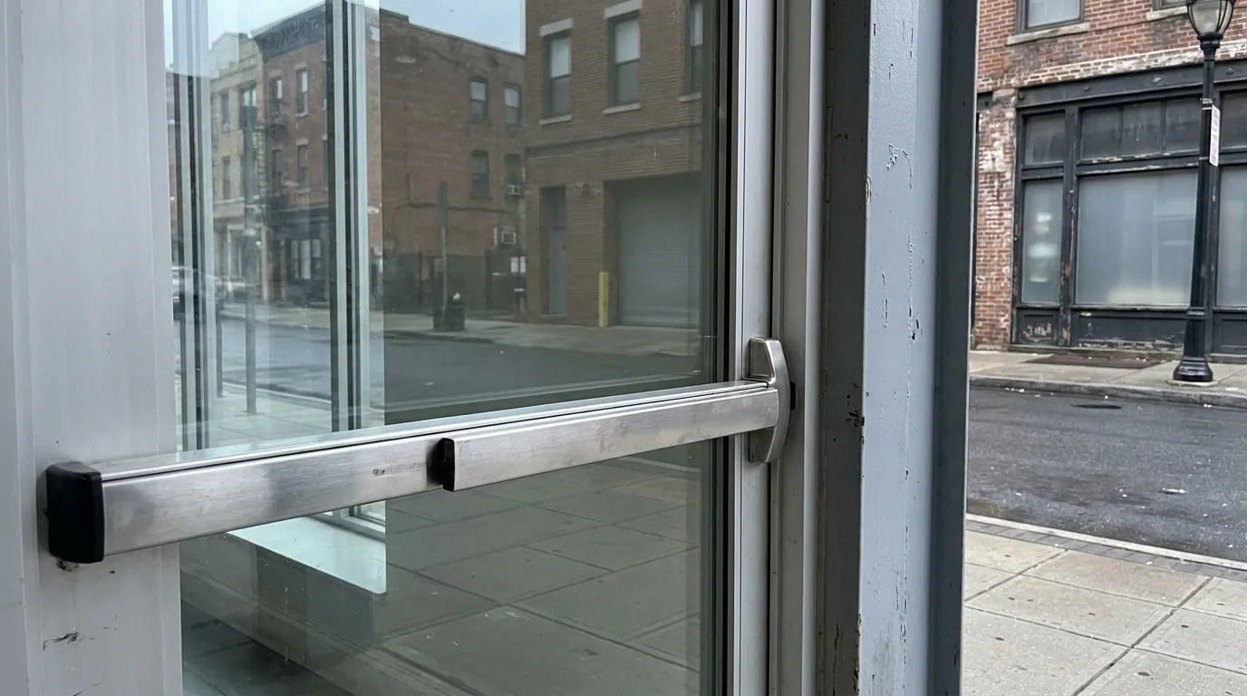 Stainless panic push bar on a glass storefront door — Meadowlands Commercial Door Solutions, Jersey City, Hudson County & the Meadowlands, NJ from Meadowlands Commercial Door Solutions