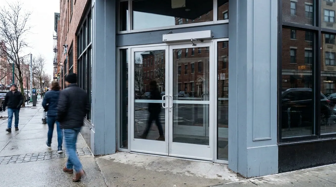 Restaurant storefront entrance on a Hudson County sidewalk — Meadowlands Commercial Door Solutions, Jersey City, Hudson County & the Meadowlands, NJ from Meadowlands Commercial Door Solutions