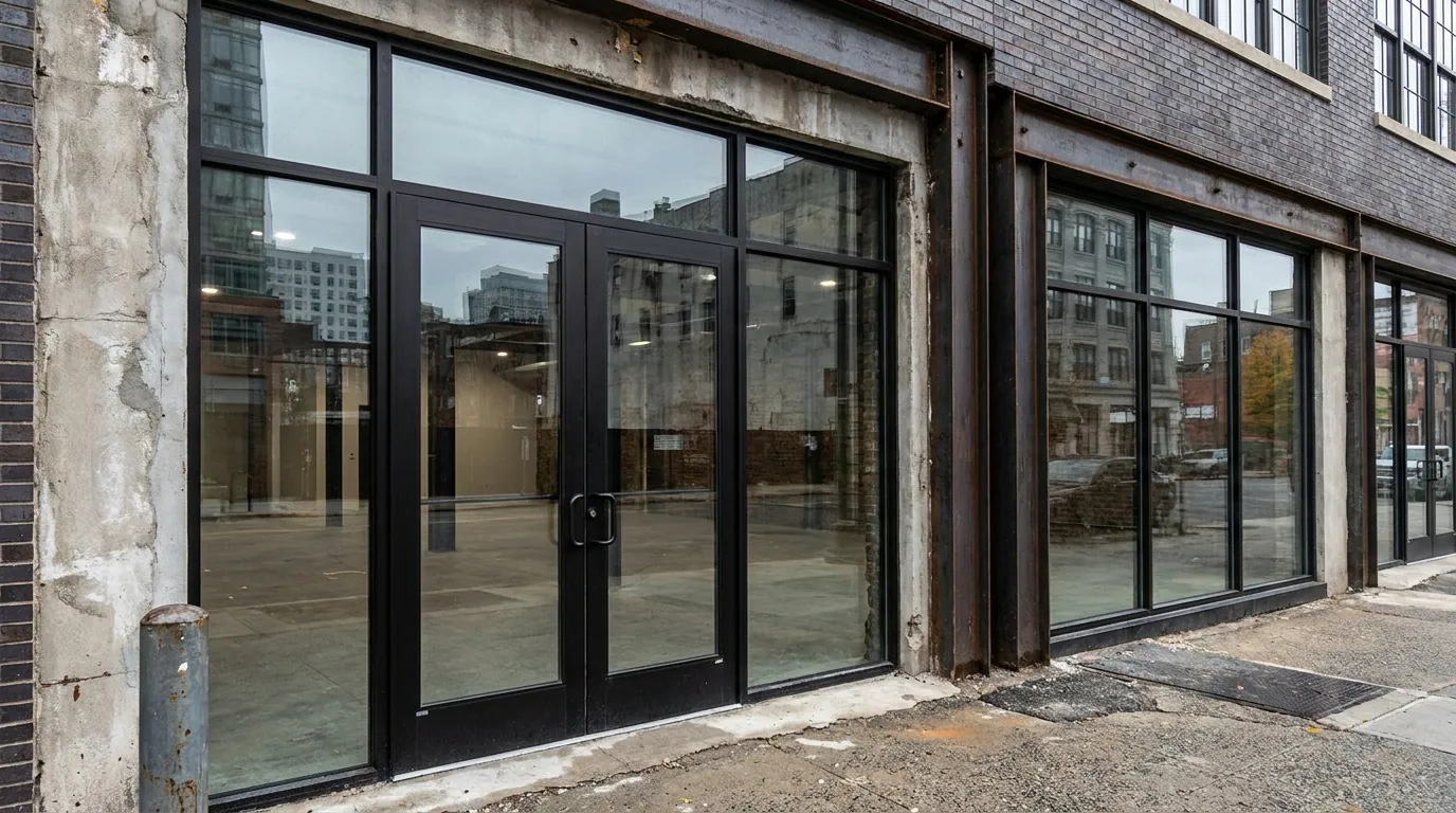 Aluminum storefront entrance in downtown Jersey City — Meadowlands Commercial Door Solutions, Jersey City, Hudson County & the Meadowlands, NJ from Meadowlands Commercial Door Solutions